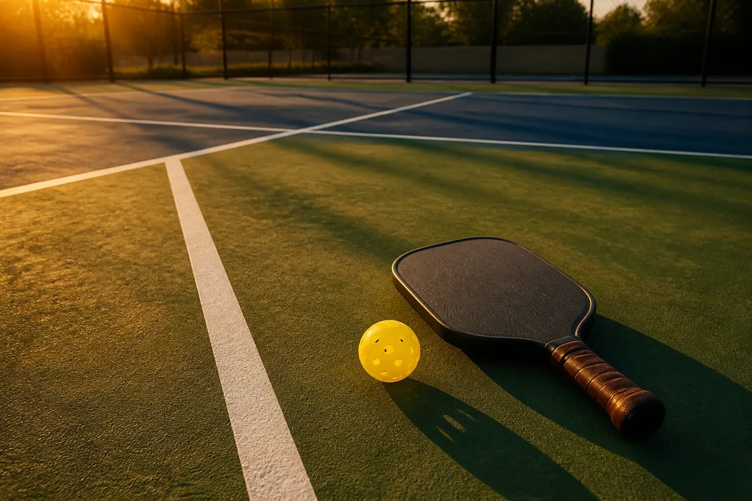 Empty rec-center pickleball court at late light, paddle and ball on the kitchen line. Generated graphic, no people.