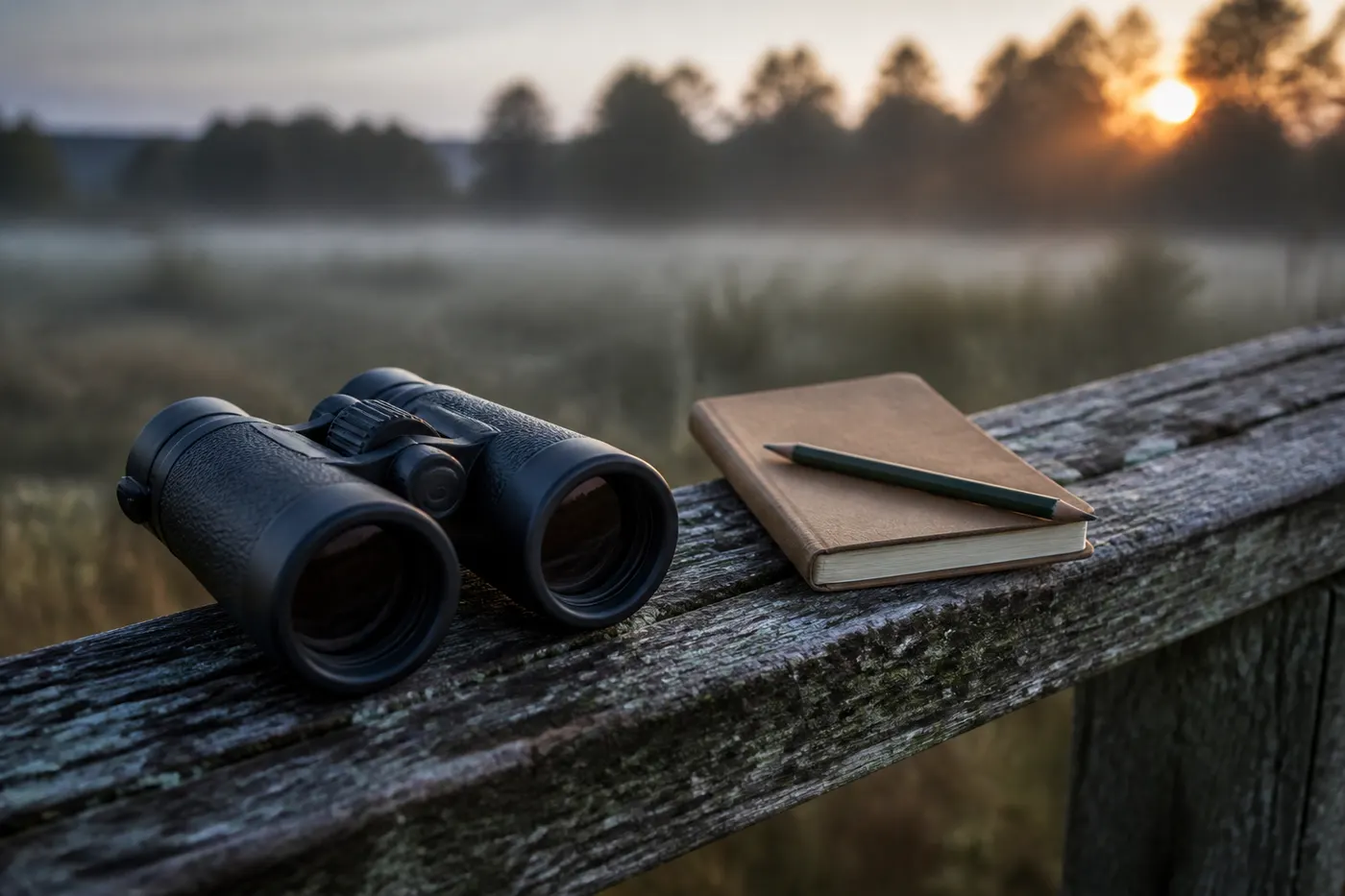 Editorial still life of binoculars and a field notebook on a weathered rail at dawn. Generated graphic, no people.