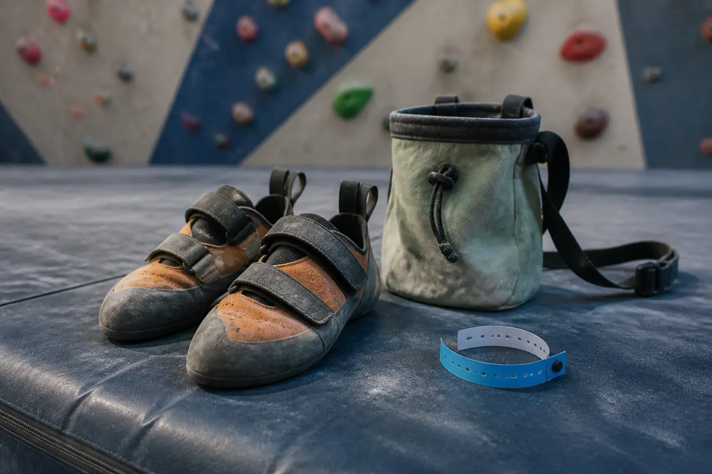 Editorial still life of climbing shoes, a chalk bag, and a day-pass band on crash pads. Generated graphic, no people.