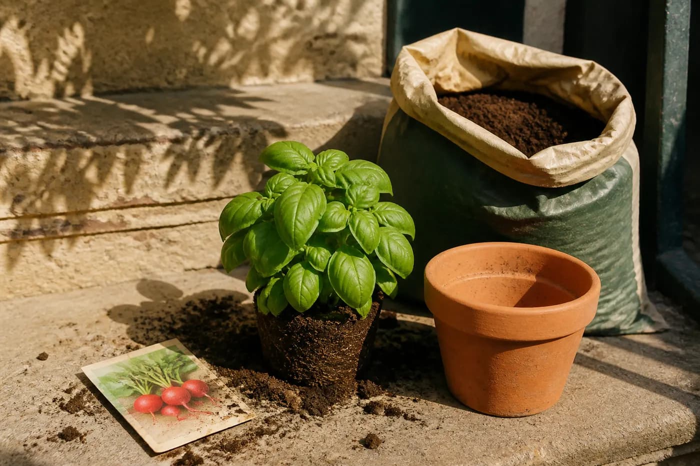 Editorial still life of basil, potting mix, a pot, and a radish seed packet. Generated graphic, no people.