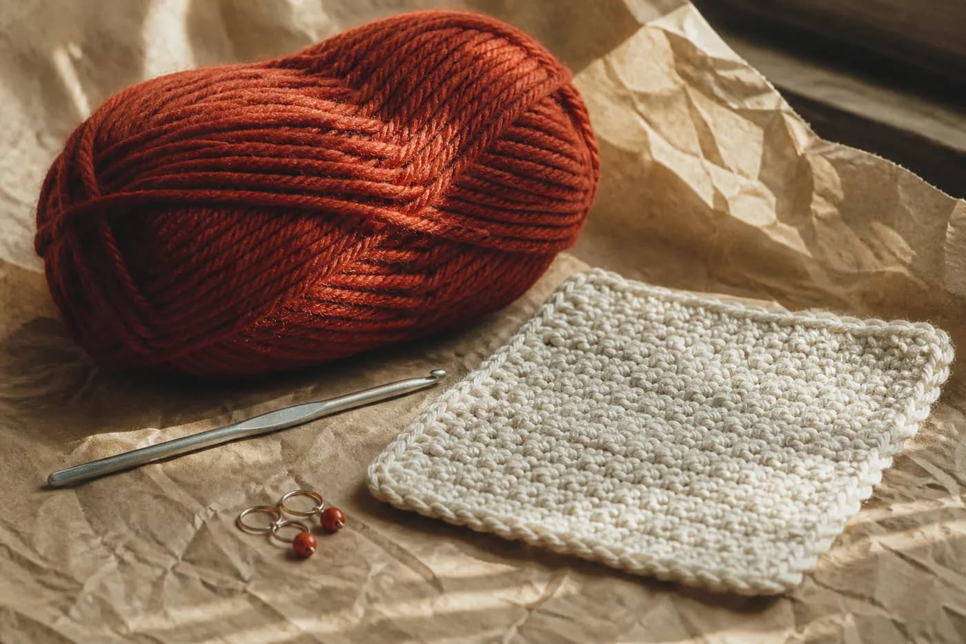 Editorial still life of a crochet hook, a rust-red skein, and a small dishcloth. Generated graphic, no people.