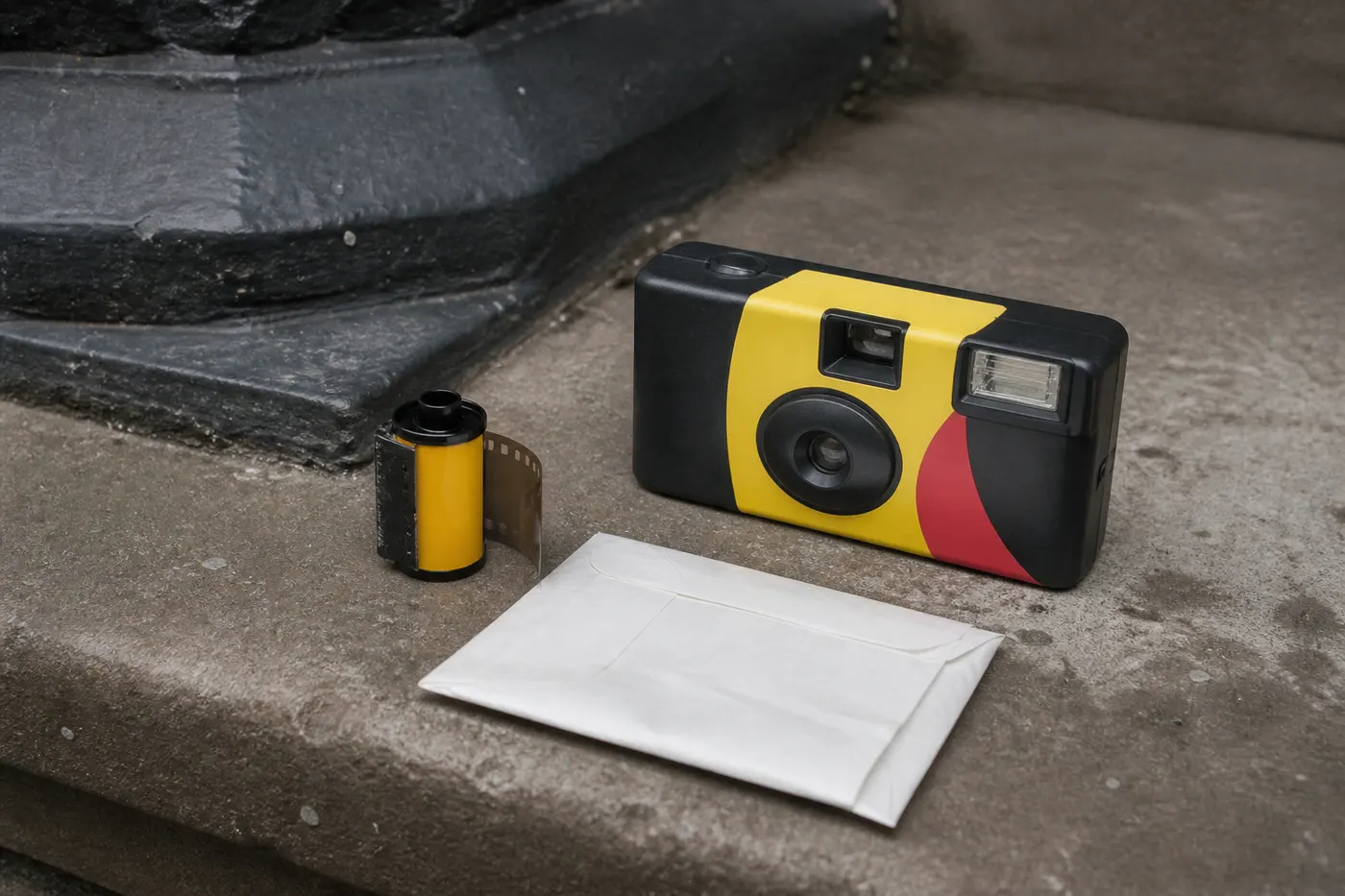 Editorial still life of a disposable 35mm camera, a film roll, and a lab envelope. Generated graphic, no people.