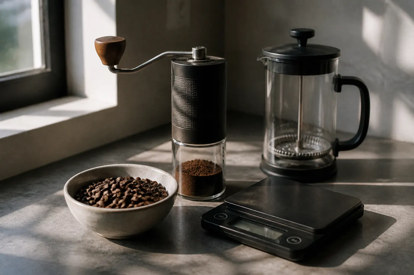 Editorial still life of coffee beans, a burr grinder, a press, and a scale. Generated graphic, no people.
