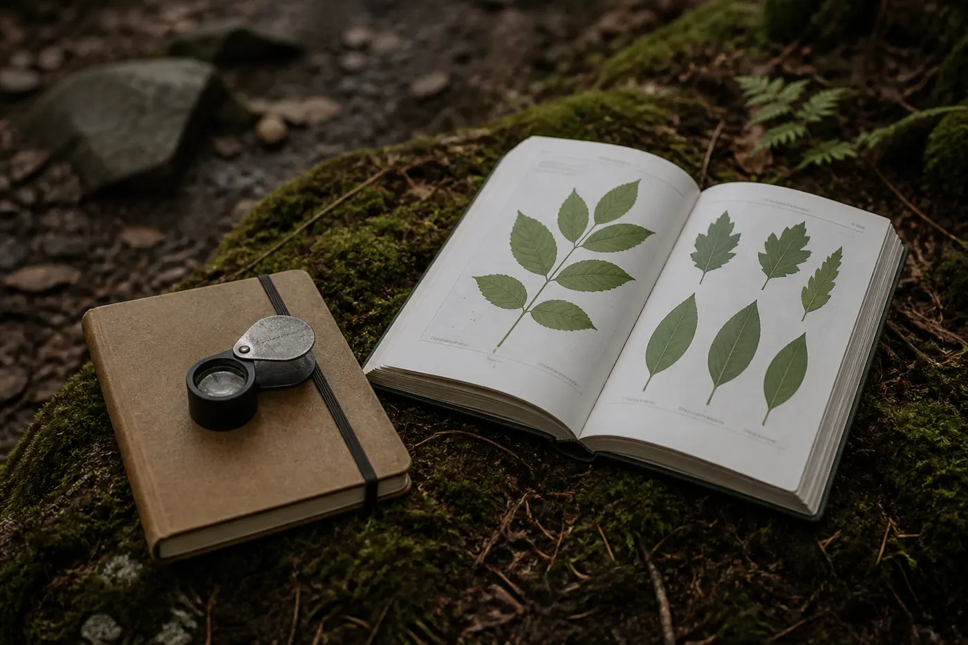Editorial still life of a field notebook, a loupe, and a plant guide on moss. Generated graphic, no people.