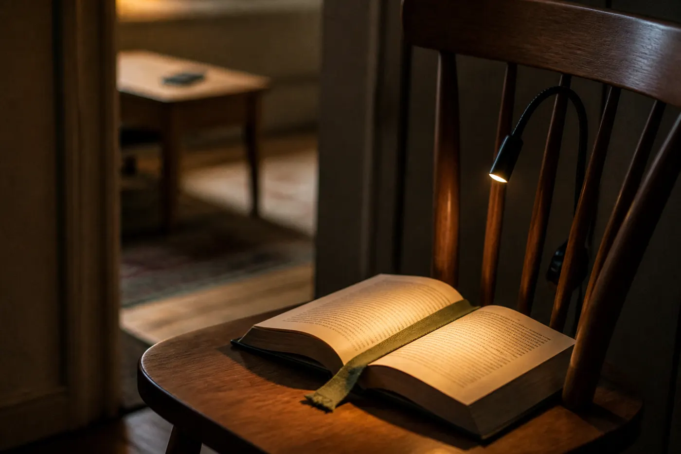 Editorial still life of an open paperback, a bookmark, and a reading light on a chair. Generated graphic, no people.