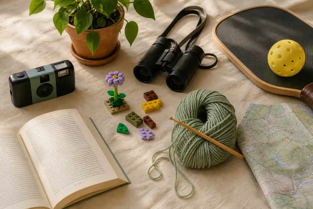 Tabletop of several hobbies: a film camera, houseplant, binoculars, pickleball paddle and ball, a LEGO flower, yarn and hook, an open book, and a trail map. No people.